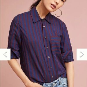 Anthropologie AMO Womens Ruffled Prep Shirt Striped Academia Size Medium FLAWED